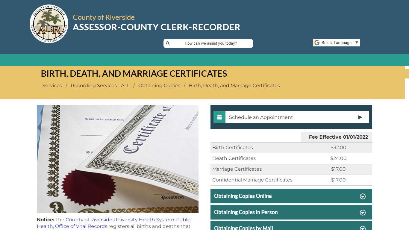 Riverside County Assessor - County Clerk - Recorder - Birth, Death, and ...